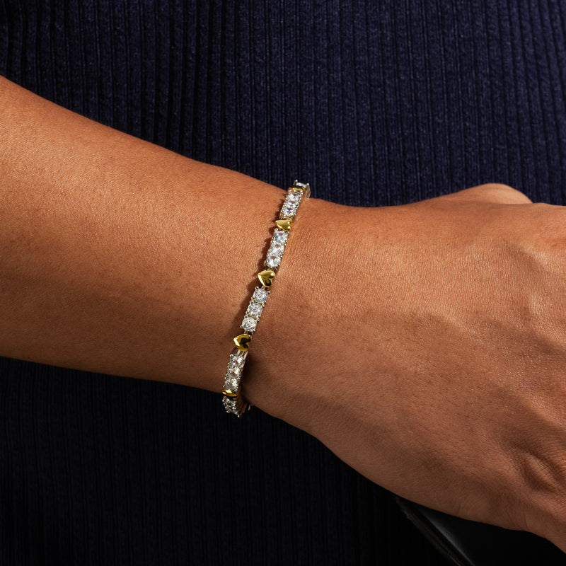 "4mm Moissanite Two-Tone Heart Tennis Bracelet – Iced Out VVS Diamond-Look Romantic Jewelry in White, Yellow & Rose Gold"