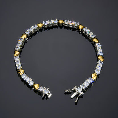"4mm Moissanite Two-Tone Heart Tennis Bracelet – Iced Out VVS Diamond-Look Romantic Jewelry in White, Yellow & Rose Gold"