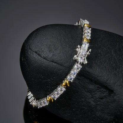 "4mm Moissanite Two-Tone Heart Tennis Bracelet – Iced Out VVS Diamond-Look Romantic Jewelry in White, Yellow & Rose Gold"