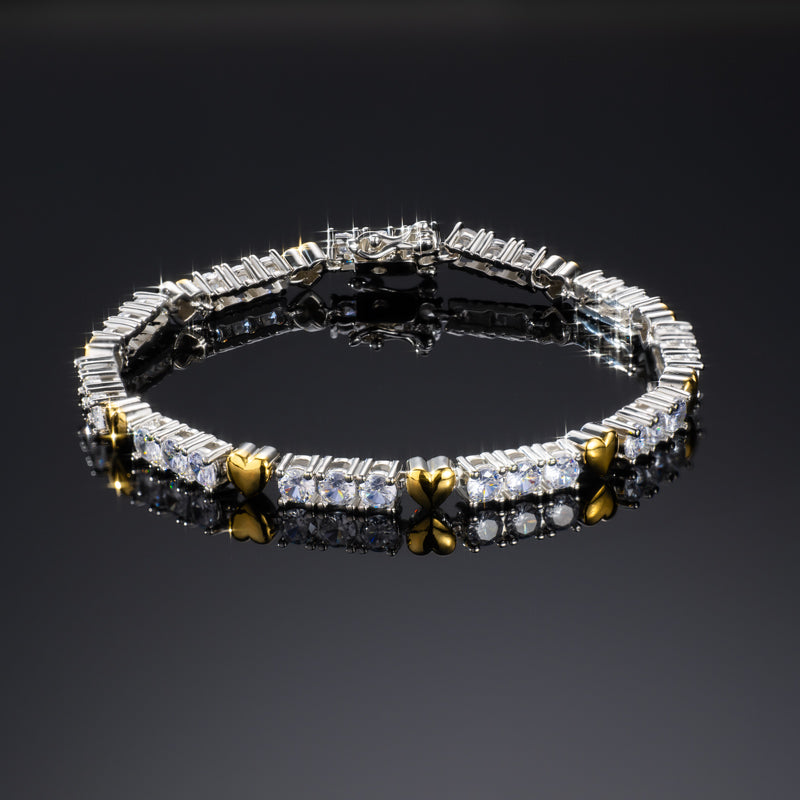 "4mm Moissanite Two-Tone Heart Tennis Bracelet – Iced Out VVS Diamond-Look Romantic Jewelry in White, Yellow & Rose Gold"