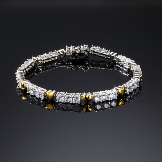 "4mm Moissanite Two-Tone Heart Tennis Bracelet – Iced Out VVS Diamond-Look Romantic Jewelry in White, Yellow & Rose Gold"