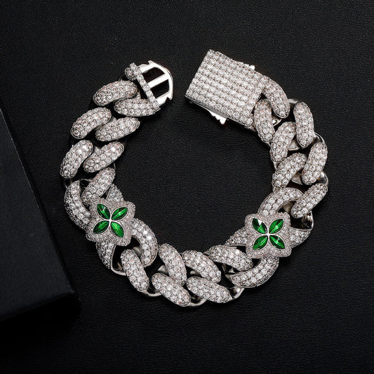 14MM "Moissanite Emerald Four Leaf Clover Cuban Link Bracelet – Iced Out VVS Diamond-Look Lucky Charm Jewelry for Men & Women"