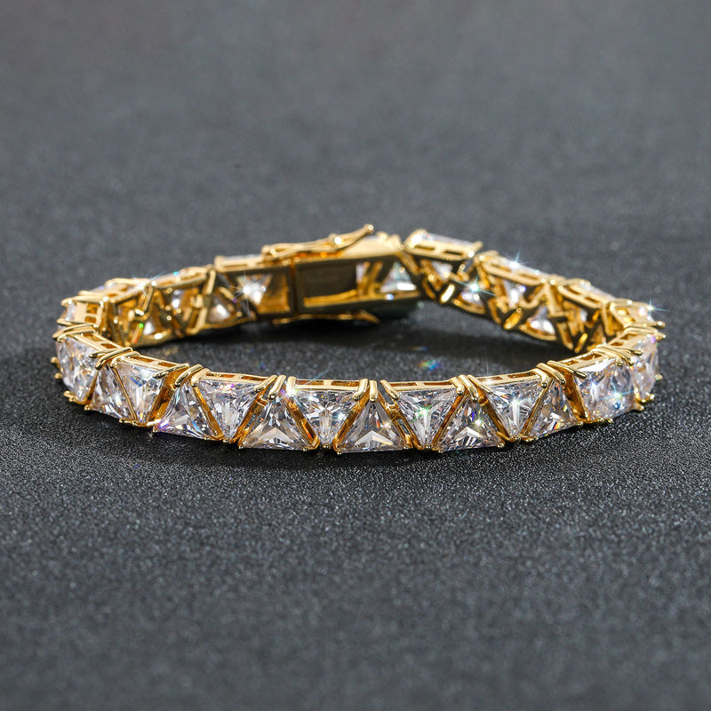 "10mm Moissanite Triangle Stone Tennis Bracelet – Iced Out VVS Diamond-Look Unisex Luxury Jewelry in White, Yellow & Rose Gold"