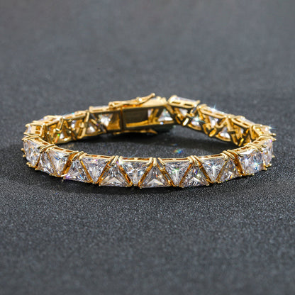 "10mm Moissanite Triangle Stone Tennis Bracelet – Iced Out VVS Diamond-Look Unisex Luxury Jewelry in White, Yellow & Rose Gold"