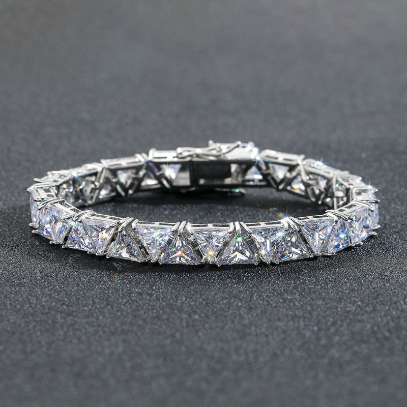 "10mm Moissanite Triangle Stone Tennis Bracelet – Iced Out VVS Diamond-Look Unisex Luxury Jewelry in White, Yellow & Rose Gold"