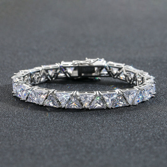 "10mm Moissanite Triangle Stone Tennis Bracelet – Iced Out VVS Diamond-Look Unisex Luxury Jewelry in White, Yellow & Rose Gold"