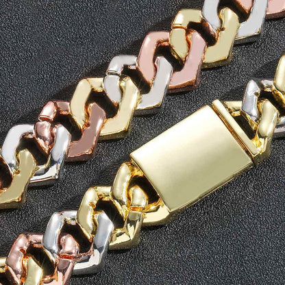 14 MM"Moissanite Handset Tricolor Cuban Link Bracelet – Iced Out VVS Diamond-Look Yellow, Rose & White Gold Jewelry for Men & Women"