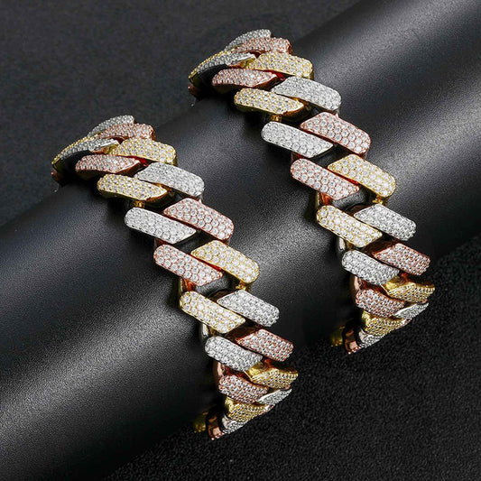 14 MM"Moissanite Handset Tricolor Cuban Link Bracelet – Iced Out VVS Diamond-Look Yellow, Rose & White Gold Jewelry for Men & Women"