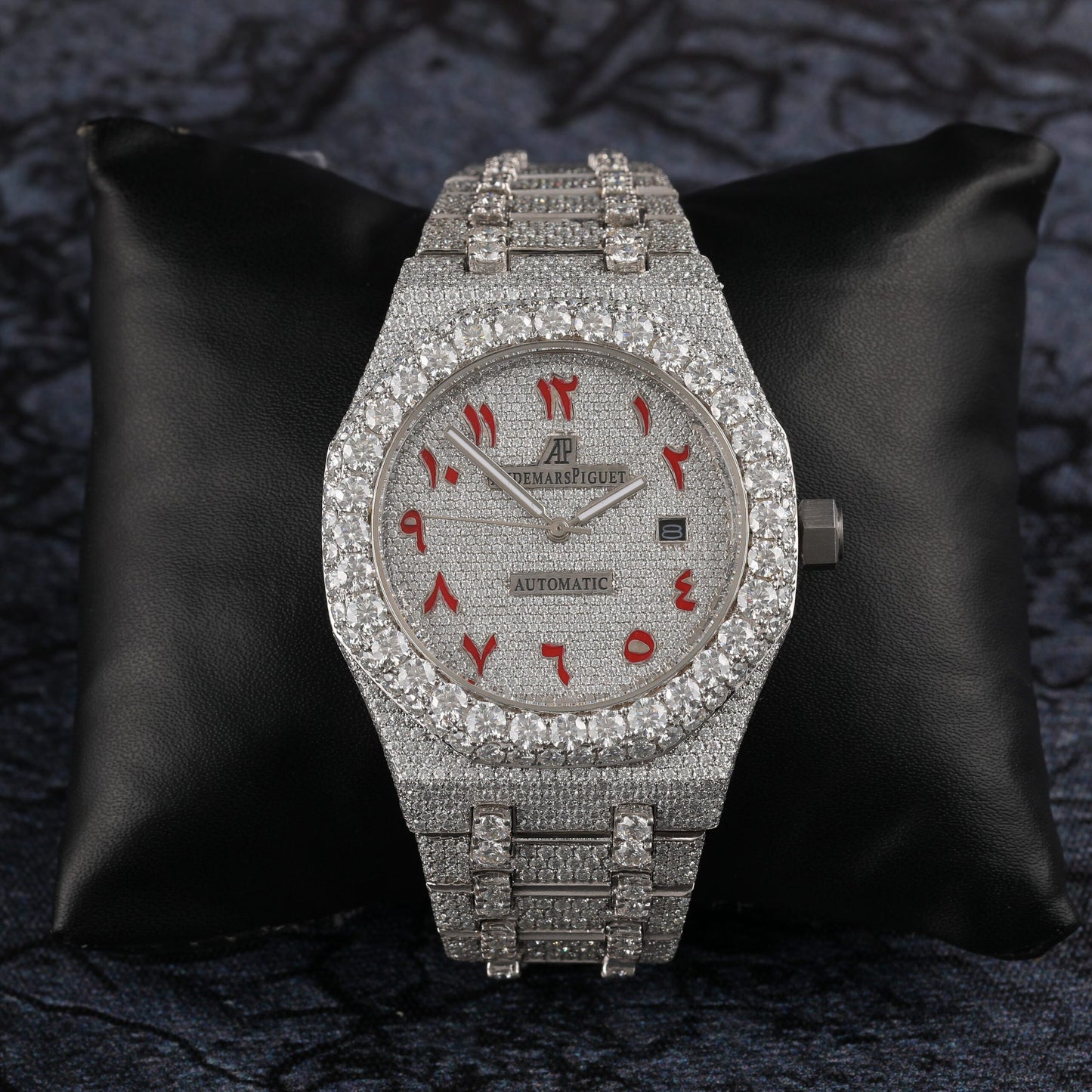 Unique Moissanite Diamond Iced Out Fully Automatic Watch Stainless Steel White Gold Arabic Font Men Watch