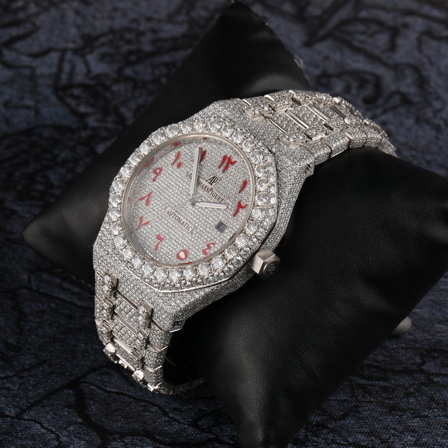 Unique Moissanite Diamond Iced Out Fully Automatic Watch Stainless Steel White Gold Arabic Font Men Watch