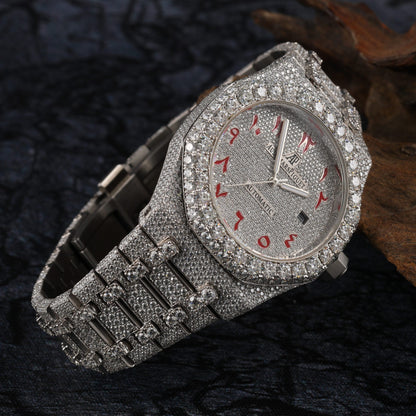 Unique Moissanite Diamond Iced Out Fully Automatic Watch Stainless Steel White Gold Arabic Font Men Watch