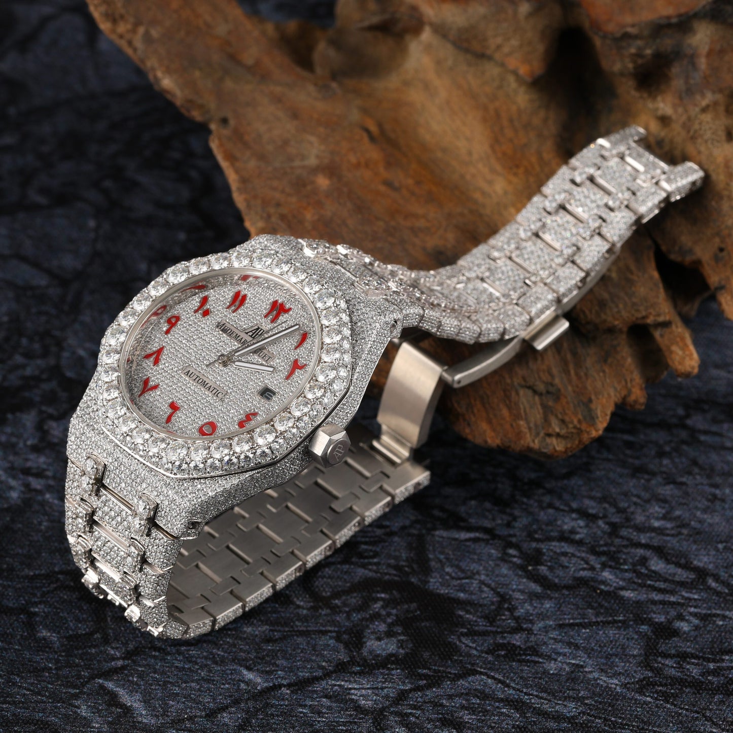 Unique Moissanite Diamond Iced Out Fully Automatic Watch Stainless Steel White Gold Arabic Font Men Watch