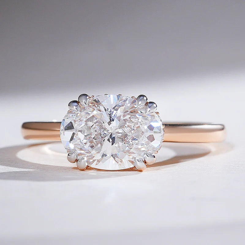 2 Carat Oval Moissanite & Lab Grown Diamond East West Engagement Ring – Two Tone Cathedral Solitaire 925 Silver Ring