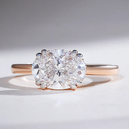 2 Carat Oval Moissanite & Lab Grown Diamond East West Engagement Ring – Two Tone Cathedral Solitaire 925 Silver Ring