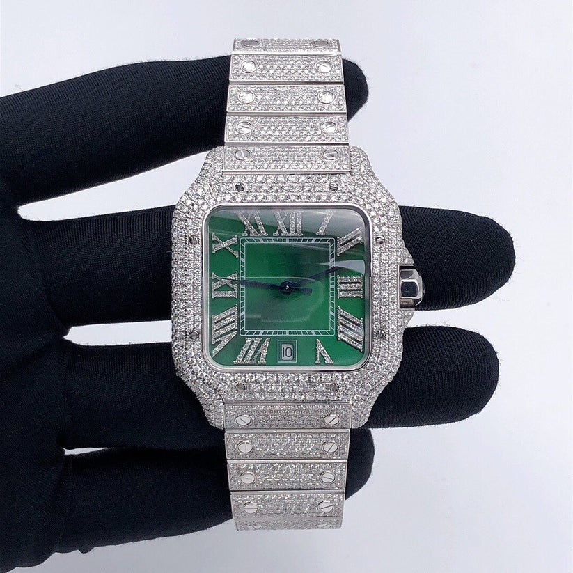 MW Premium Moissanite  Watch Automatic Movement  Square Roman Dial Studded Watch Hip Hop Bust Down VVS  Iced Out  MW_C1021