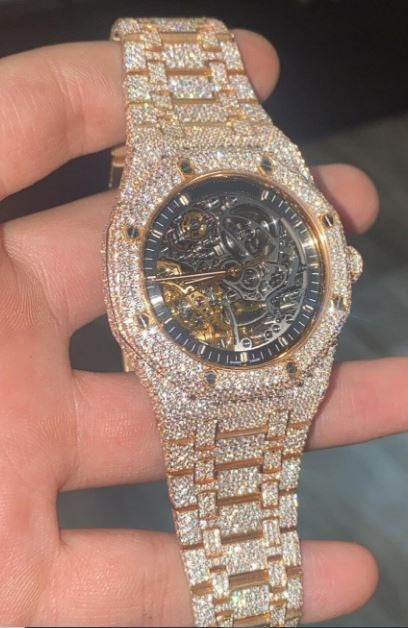 MW Luxury Skeleton Automatic Round Dial VVS Moissanite  Bust Down Watch Iced Out Hip Hop Watch MW_AP1037