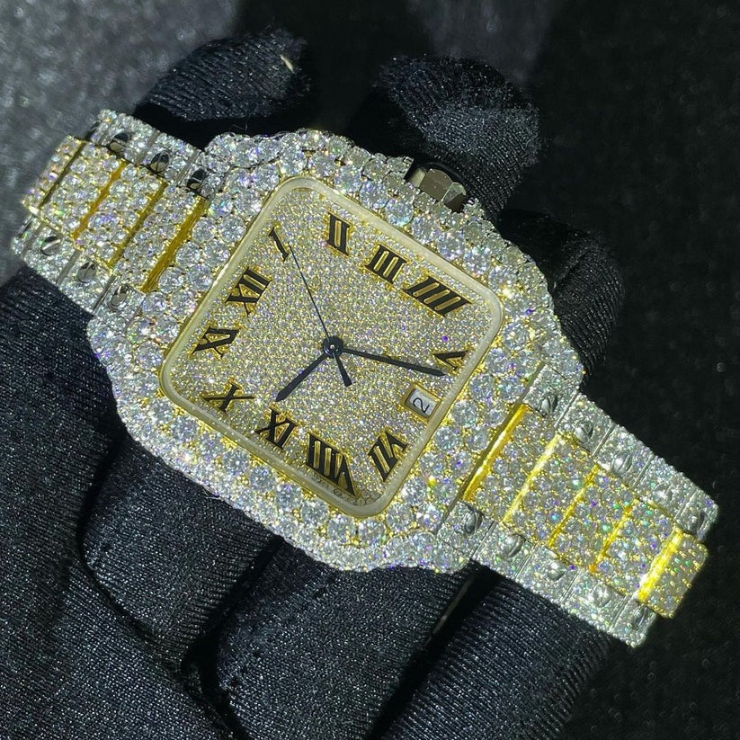 MW Fully Moissanite Square Roman Dial  Watch Hip Hop Premium Watch Automatic Movement   Studded  Bust Down VVS  Iced Out  MW_C1029