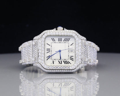 MW Luxury Moissanite  Watch Automatic Movement  Square Roman Dial Studded Watch Hip Hop Bust Down VVS  Iced Out  MW_C1023