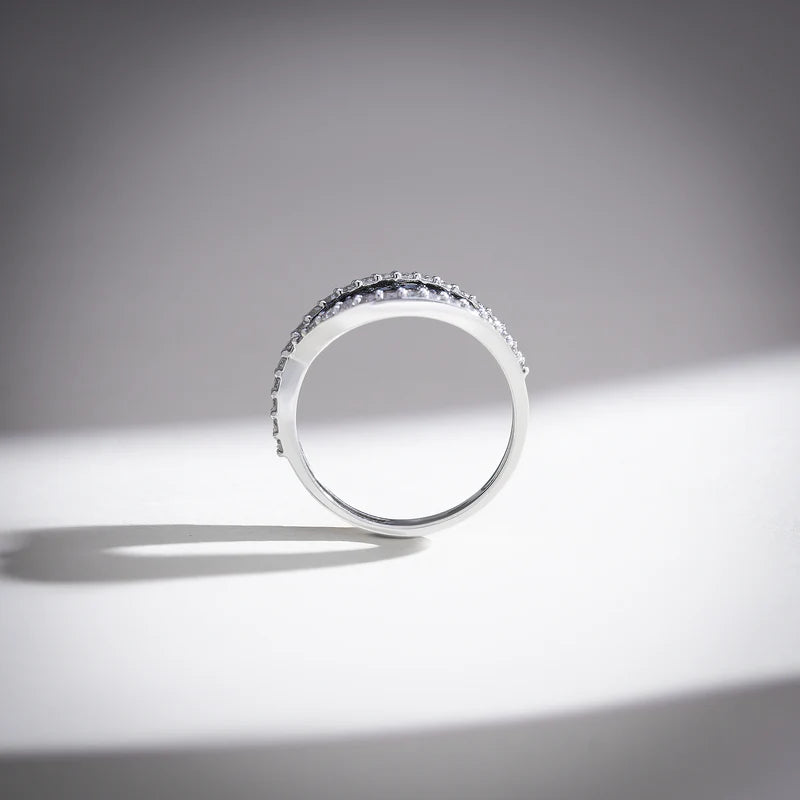 925 Sterling Silver Crossover Ring for Women – Simulated Black & White Moissanite Cubic Zirconia Engagement Band