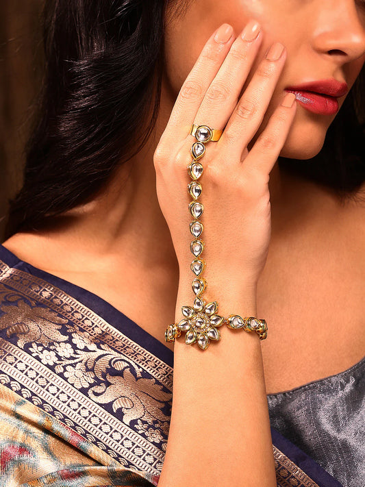 "Artificial Priyaasi Floral Design Kundan Gold Plated Adjustable Hathphool for Women | Traditional Ethnic Hand Jewelry"