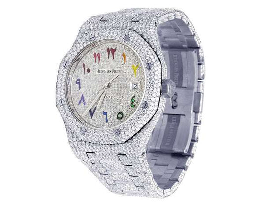 Classic Moissanite Diamond Iced Out Automatic Men's Watch, VVS Diamond, Stainless Steel White Gold Plated, Arabic Font, 42mm