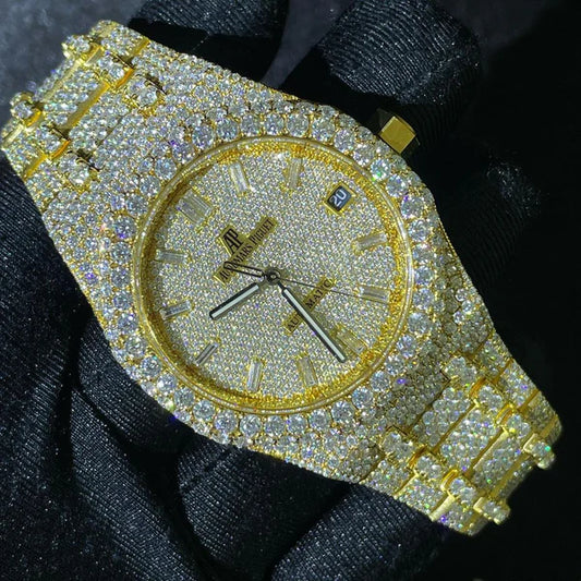 Iced Out VVS Moissanite Diamond Men's Watch, 42mm Stainless Steel Yellow Gold Luxury Watch