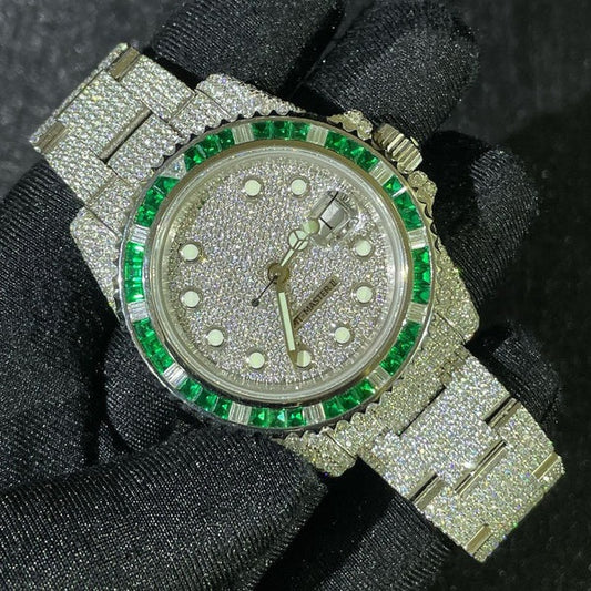 MW Green Baguette Dial Watch Automatic Dial Moissanite Iced Out Stainless Steel  Diamond Hip Hop Bust Down Watch  Studded Movement Watch Fully Iced out Watch MW_R1034