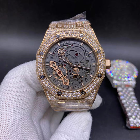 MW Luxury Skeleton Automatic Dial VVS Moissanite Golden Color Watch Iced Out Hip Hop Watch MW_AP1055