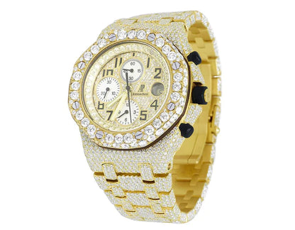 Full Iced Out VVS Diamond Men's Watch, Stainless Steel Yellow Gold Plated, All Chronograph Working, 42mm Luxury Watch