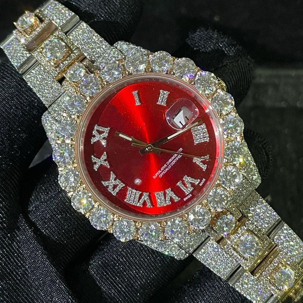 MW Premium Watch Automatic  Moissanite Roman Red Dial Iced Out Stainless Steel  Diamond Hip Hop Bust Down Watch  Studded Movement Watch Fully Iced out Watch MW_R1033