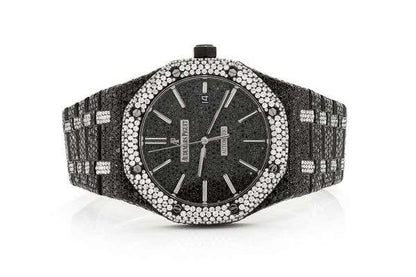 Full Iced Out Black and White VVS Diamond Men's Watch, Stainless Steel Black Gold Plated 42mm – Luxury Chronograph