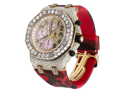 Full Iced Out VVS Moissanite Diamond Men's Watch, Red Army Silicon Band, Chronograph Function, 42mm – Luxury Hip Hop Watch