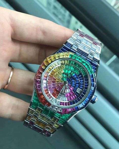 Full Iced Out Rainbow Baguette Moissanite Diamond Men's Watch, 42mm Stainless Steel White Gold Plated