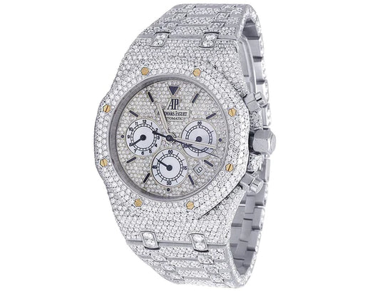 Iced Out VVS Diamond Men's Watch, Stainless Steel White Gold Plated, All Chronograph Working, 42mm Luxury Timepiece