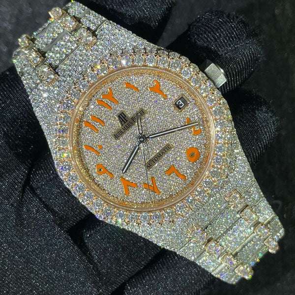 Full Iced Out Moissanite Diamond Men's Watch, 42mm Stainless Steel White & Rose Gold Luxury Watch