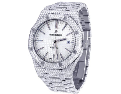 Automatic Iced Out VVS Moissanite Diamond Men's Watch, Stainless Steel White Gold, Arabic Font, 42mm White Dial Watches