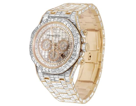 Full Iced Out VVS Baguette Mpossanite Diamond Men's Wrist Watch, Stainless Steel All Chronology Working Rose Gold Plated 42mm Men Watch