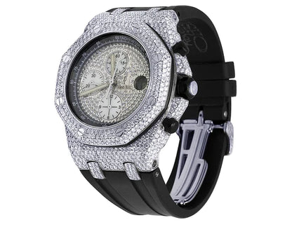 Full Iced Out VVS Moissanite Diamond Men's Watch, Black Silicon Band, Chronograph Function, 42mm – Hip Hop Bust Down Luxury Watch