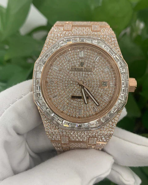 Baguette & Round VVS Moissanite Diamond Full Iced Out Watch, Stainless Steel Self-Winding Watch for Him