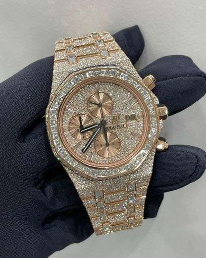 Full Iced Out VVS Baguette & Round Moissanite Diamond Men's Automatic Watch, 42mm Rose Gold Plated Chronograph Working