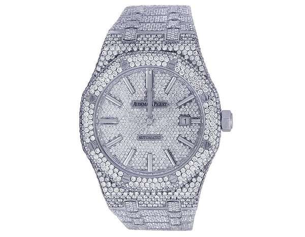 Luxury Moissanite Diamond Men's Iced Out Wrist Watch, Automatic, Stainless Steel White Gold, 42mm