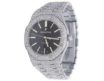 Luxury Iced Out VVS Moissanite Diamond Men's Watch, Stainless Steel White Gold, Black Face, 42mm Automatic Movement, Bust Down Hip Hop Watch