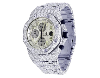 Automatic Moissanite Iced Out VVS Diamond Men's Watch, Stainless Steel All Chronograph Working, White Gold Plated 42mm