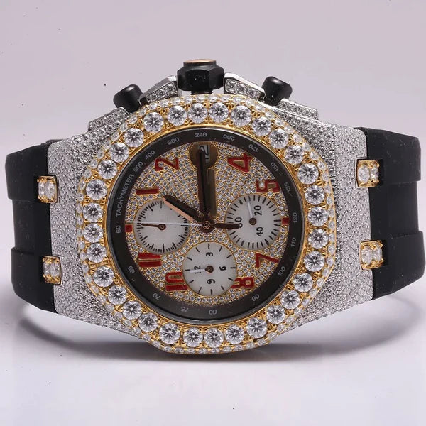 Luxury Iced Out VVS Diamond Men's Watch, 42mm Black Silicone Band, Chronograph Function