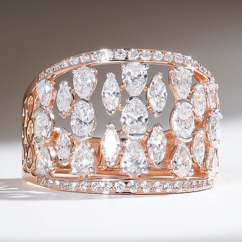 Luxury Rose Gold Statement Ring – 925 Sterling Silver Wide Band with Marquise & Round Cut Moissanite Stones | Elegant Jewelry for Women