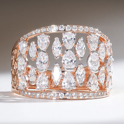 Luxury Rose Gold Statement Ring – 925 Sterling Silver Wide Band with Marquise & Round Cut Moissanite Stones | Elegant Jewelry for Women