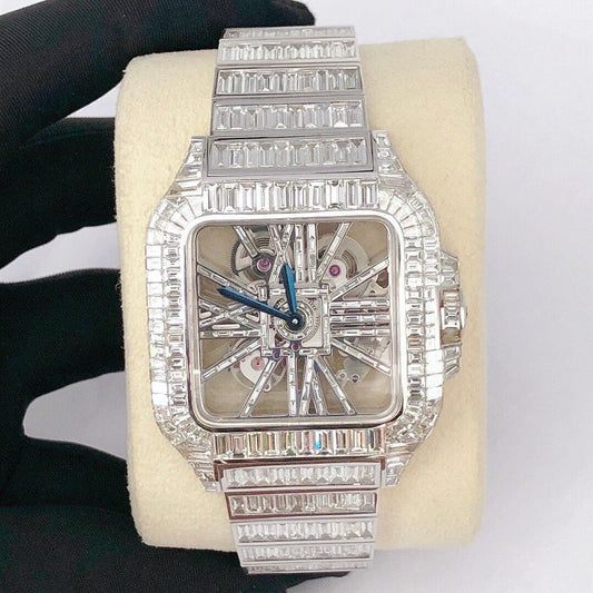 MW Premium Moissanite Skeleton Baguette Watch Automatic Movement  Square Dial Stainless Steel  Studded Watch Hip Hop Bust Down VVS  Iced Out  MW_C1020