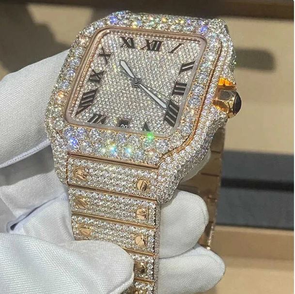 MW  Luxury Studded Watch  Square Roman Dial Hip Hop Bust Down VVS Moissanite Stainless Steel  Iced Out Sterling Silver Personalized Custom Watch MW_C1010