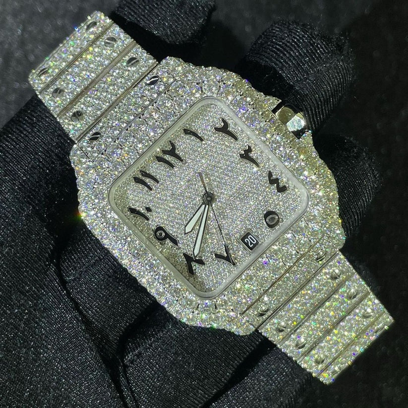 MW Fully Premium Square Arabic Dial Moissanite   Watch Automatic Movement   Studded Watch Hip Hop Bust Down VVS  Iced Out  MW_C1027