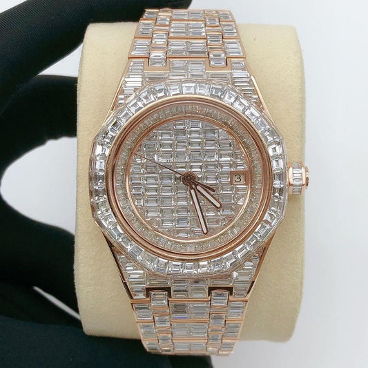 MW Luxury Baguette Round Dial VVS Moissanite Stainless Steel Watch Iced Out Hip Hop Watch MW_AP1014